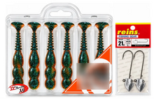 Cargar imagen en el visor de la galería, Kit Reins Fat Rockvibe Shad 4” Color Azul Sardina + 2 Jigs 21 g 4/0
