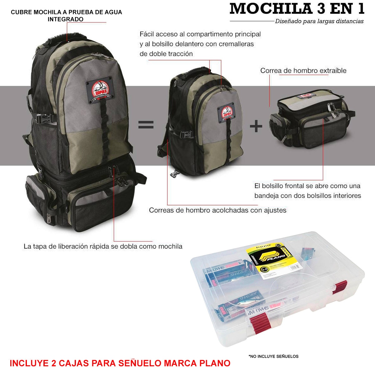 Mochila Pesca Rapala + Bolso transporte + 2 cajas/Combo 3En1
